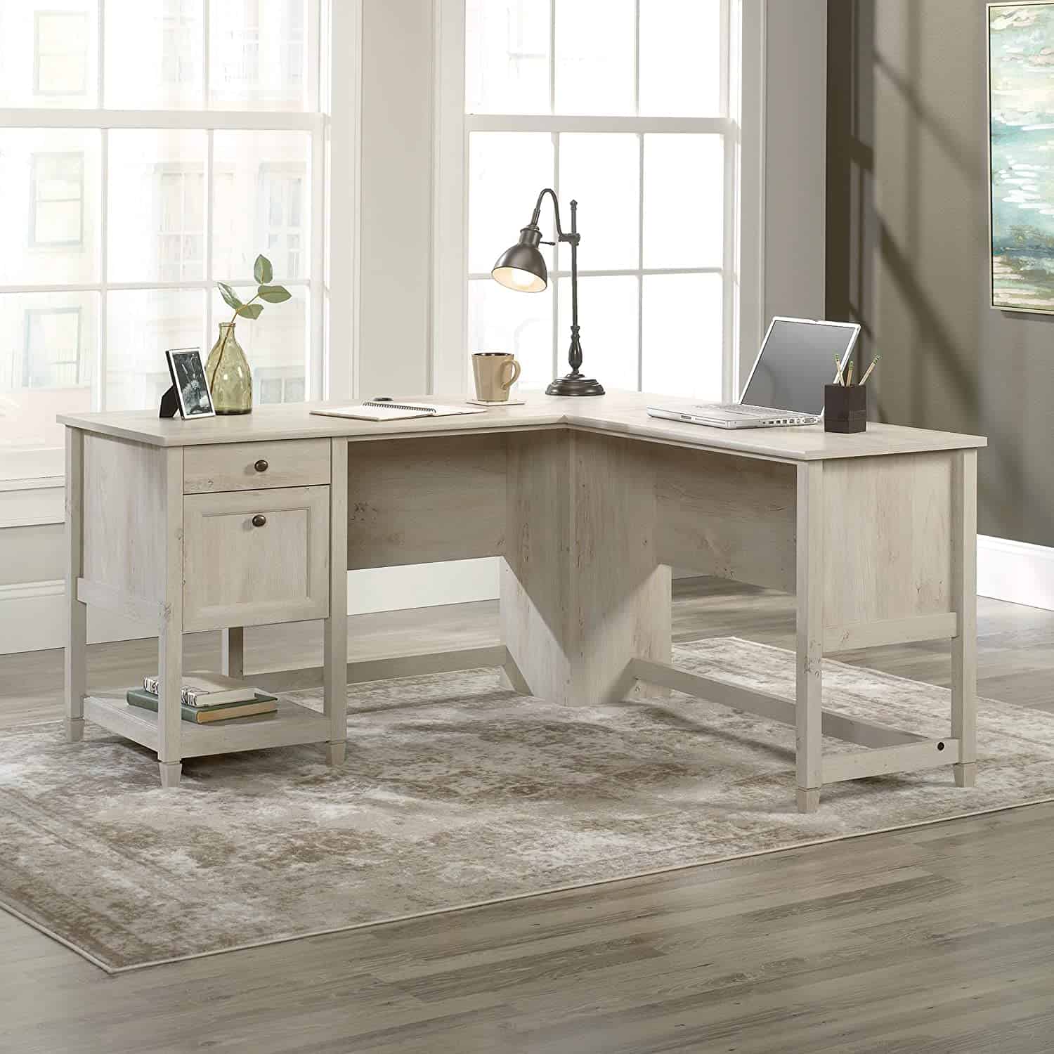 Clean white wooden desk 