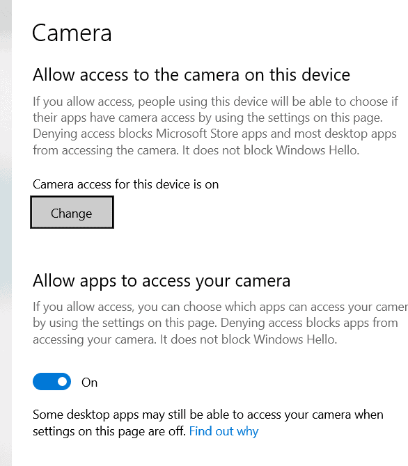 Enable camera access in privacy setting