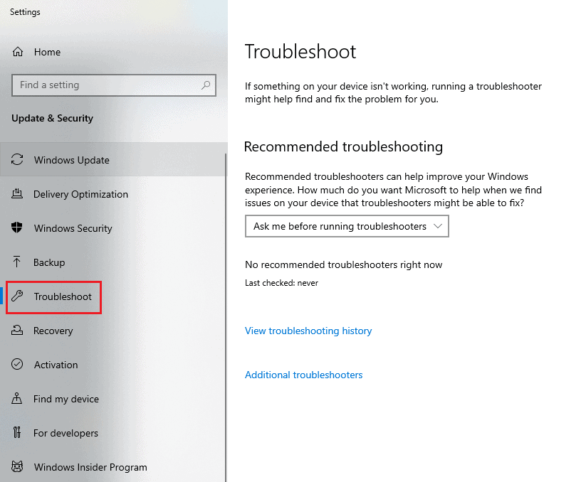 type troubleshoot and find troubleshoot settings option