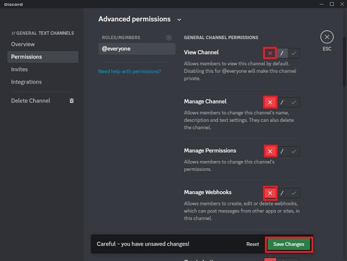 Advanced Permissions Toggle X Save Changes Discord