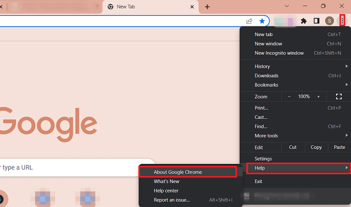 Click three vertical dots select help click about google chrome