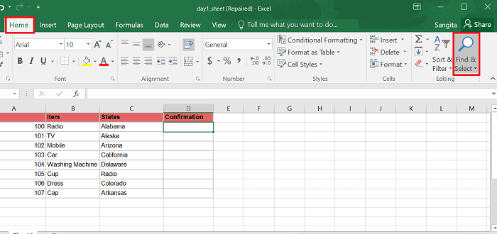 Go to home click find and select excel