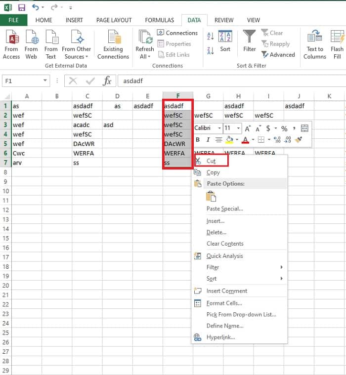 Select Drag Right Click Cut Excel