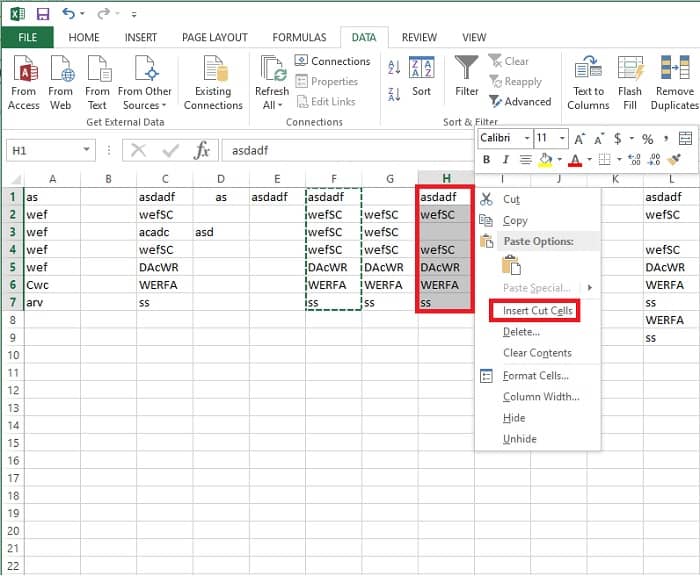 Select Drag Right Click Insert Cut Cells Excel