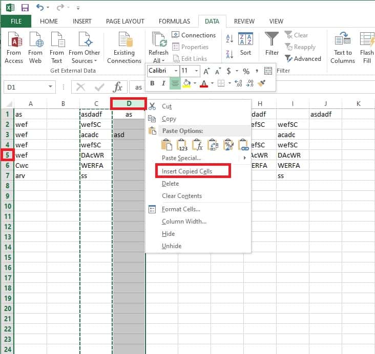 Select Head Cell Insert Copied Cells Excel