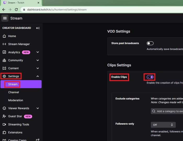 Settings Stream Enable Clips Toggle Off Twitch