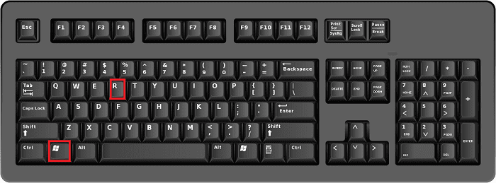 Keyboard layout showing windows + R command