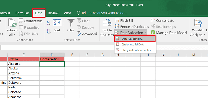 click Data data validation under drop menu data validation excel
