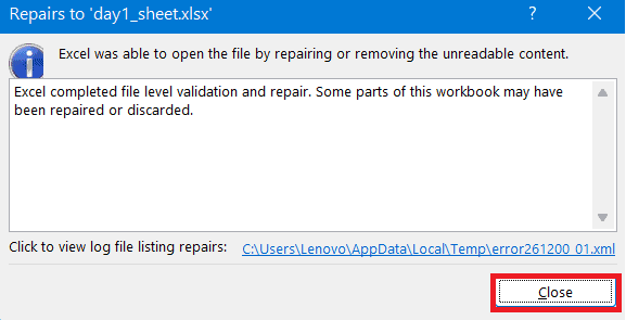 click close under repairs