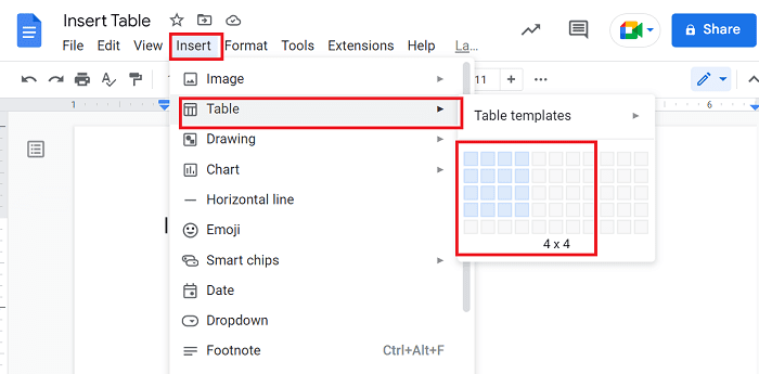 click insert table select row column