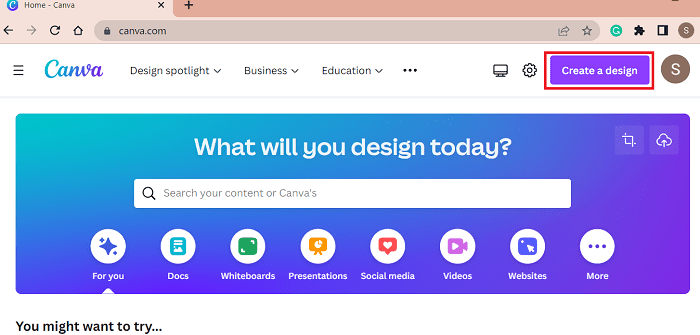 click on create a design canva