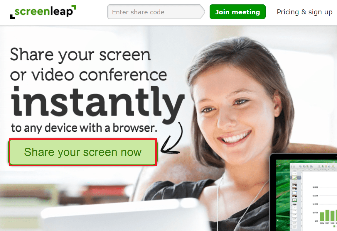 Click on the Share your screen now option on screenleap