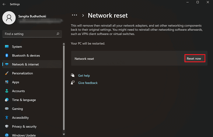 click reset now under network reset