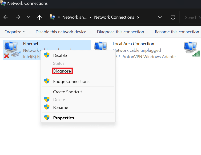Right-click on the “Ethernet” option and then choose the “Diagnose” option