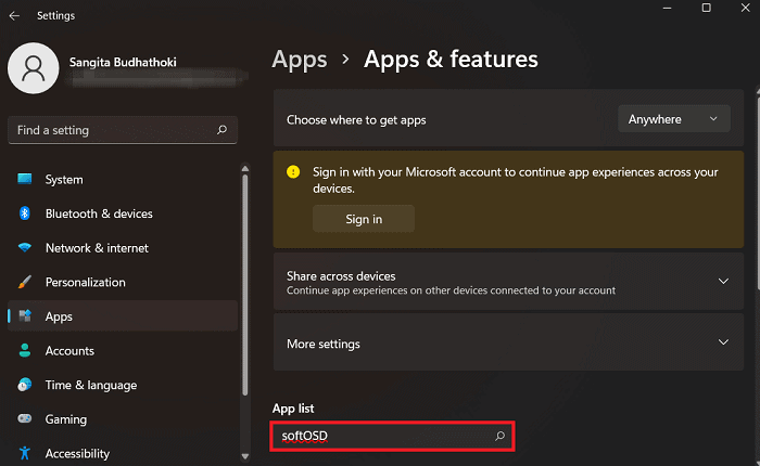 search softosd under apps and features