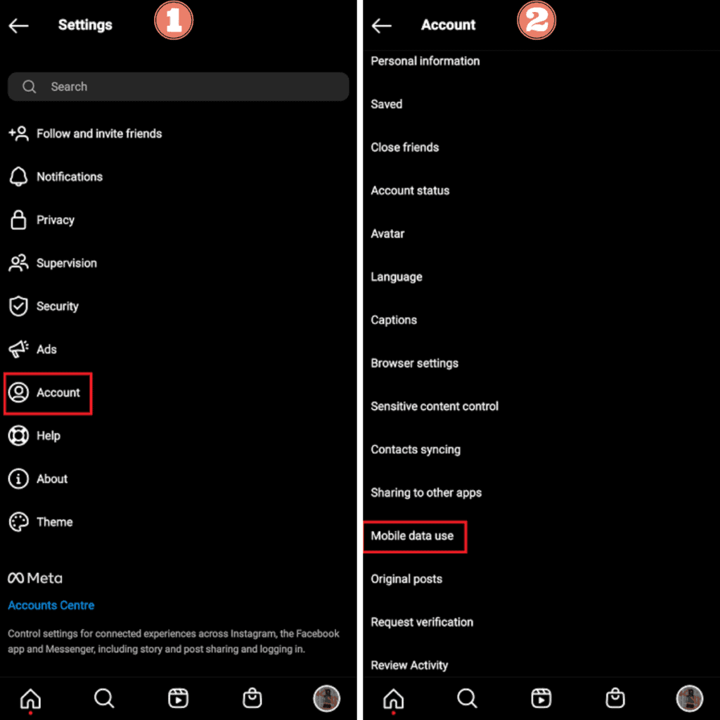 select account tap on mobile data use