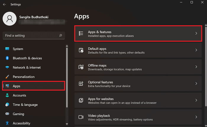 select apps apps and features under settings