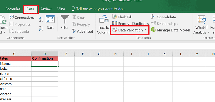select data data validation excel