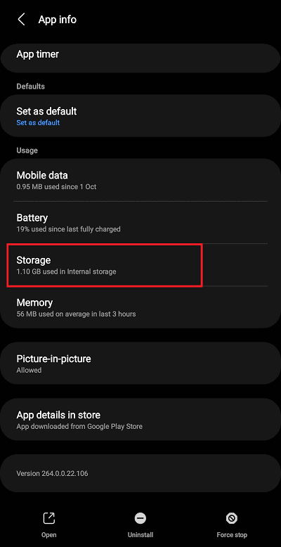 select storage under app info