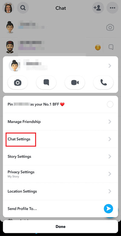 tap on chat setting pop up menu