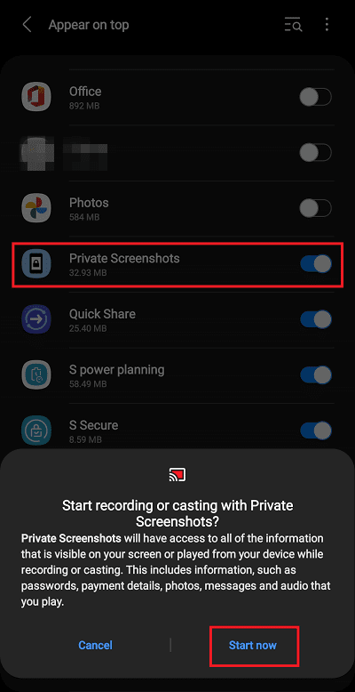turn on floating option private screenshots tap on start now