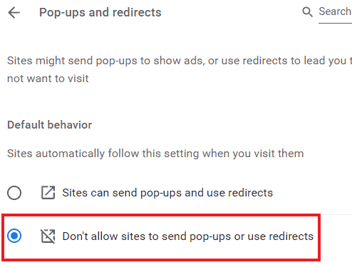 tap on dont allow sites to send pop ups 