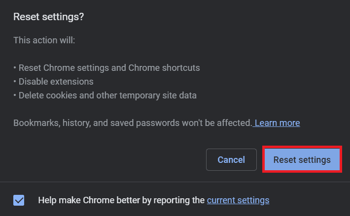 click reset settings chrome