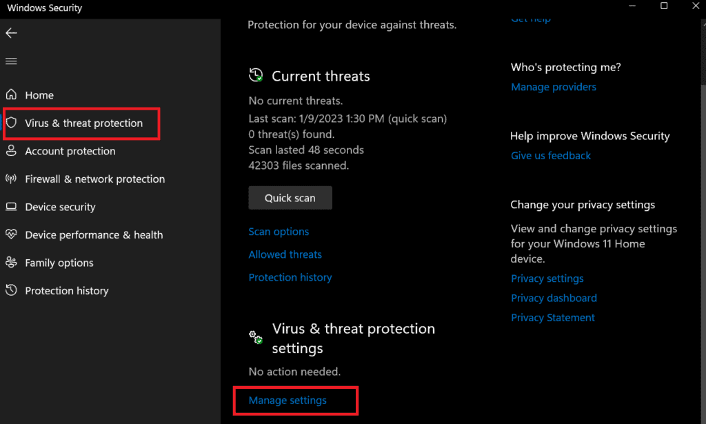 click virus and threat protection manage settings