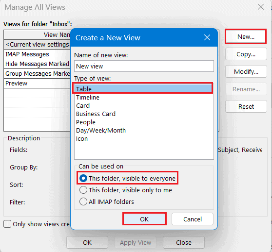 click new table this folder visible to everyone ok outlook