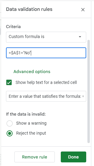 data validation formula google sheet