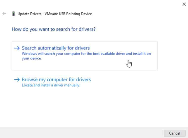 two options for search drivers are search automatically or browse my computers for drivers