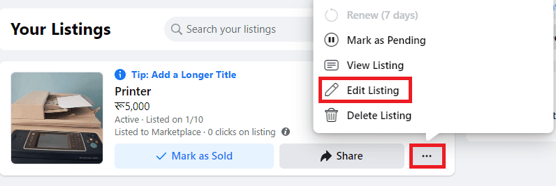 Edit listing option in Facebook Marketplace