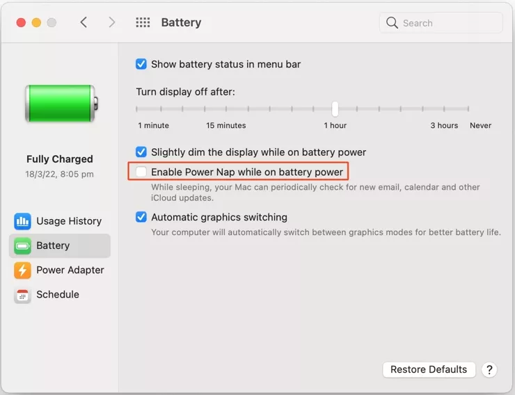 enable power nap while on battery