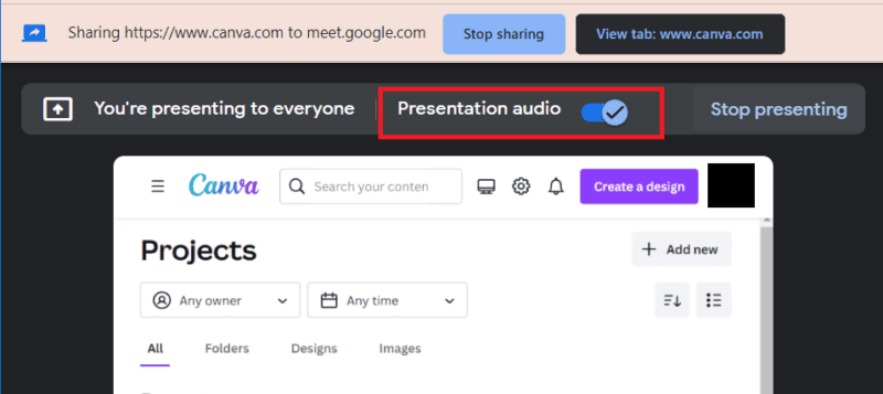 how to enable presentation audio in google meet