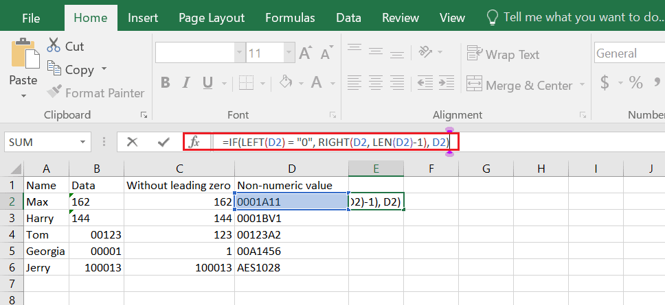 enter formula excel non numeric value to remove leading zeros