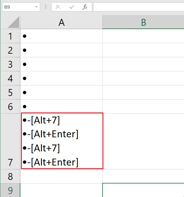 for multiple bullets in a single cell excel