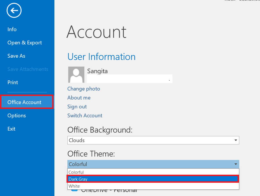 go to file office account dark gray outlook