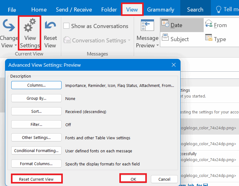 go to view and view settings reset current view on outlook