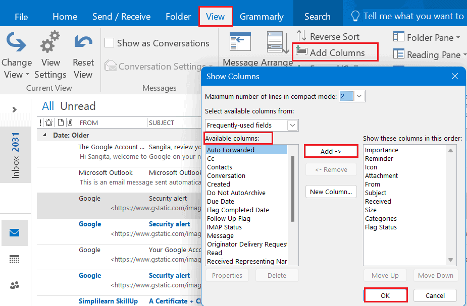 go to view available columns ok outlook