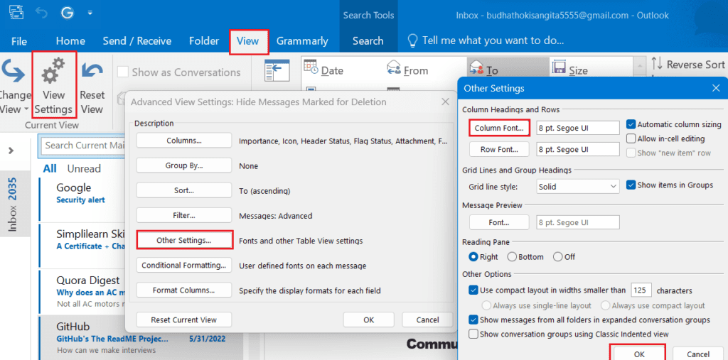 go to view settings other settings column font ok outlook