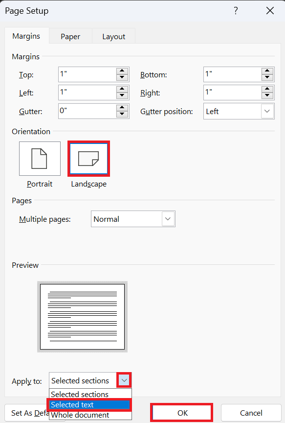 Setting orientation in Landscape for selected text in Word