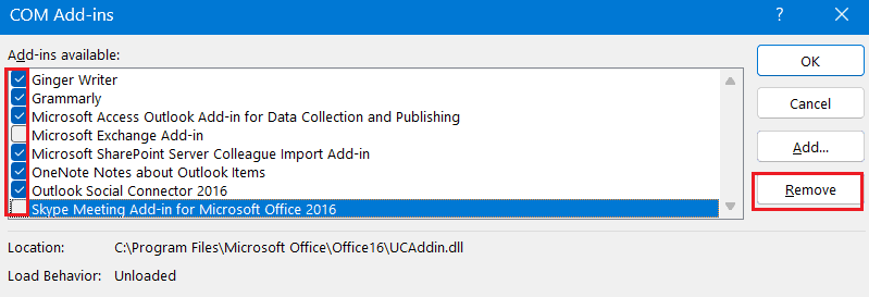 select add ins remove outlook