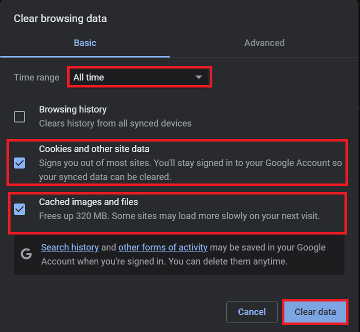 Select all time cookies, and other site data cached images, files, and clear data
