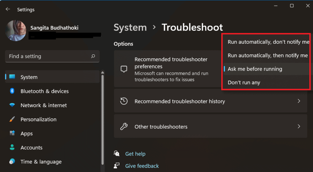 select any option inside troubleshoot
