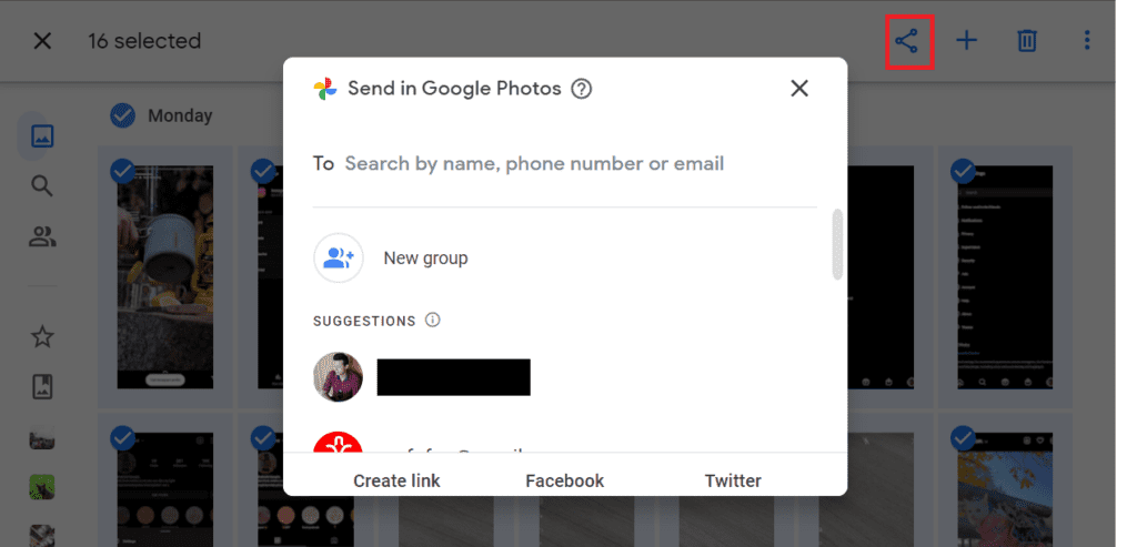 select share icon google photos