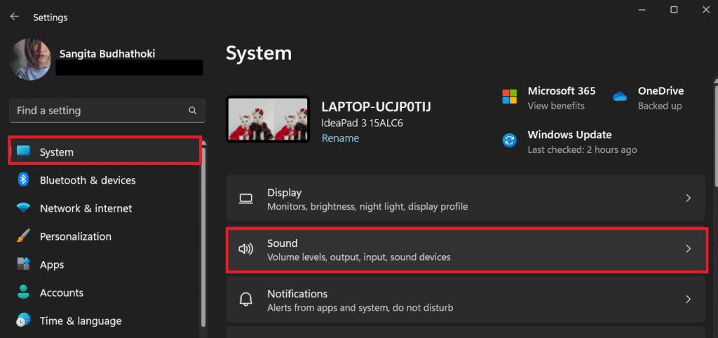 select system sound under settings