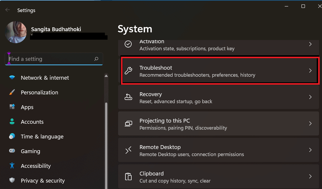 select troubleshoot under settings