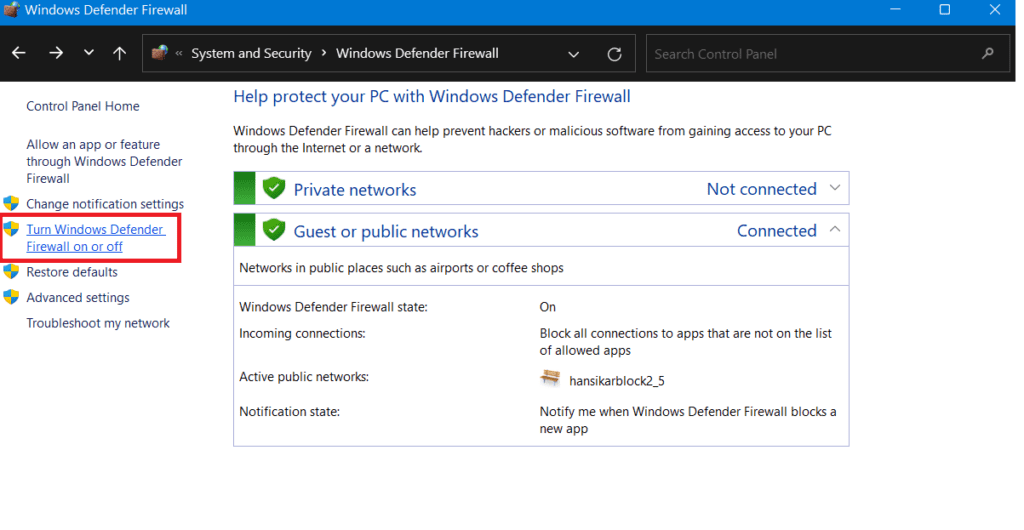 select turn windows defender firewall on or off