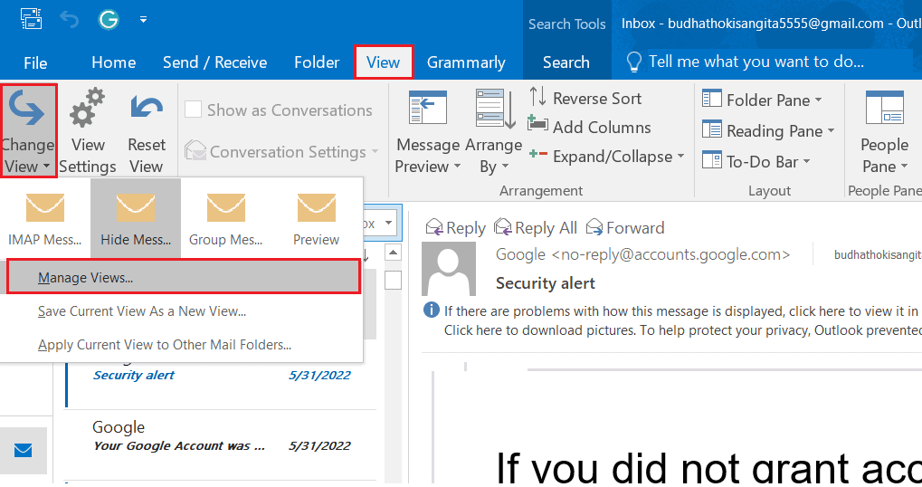 select view change settings manage views outlook