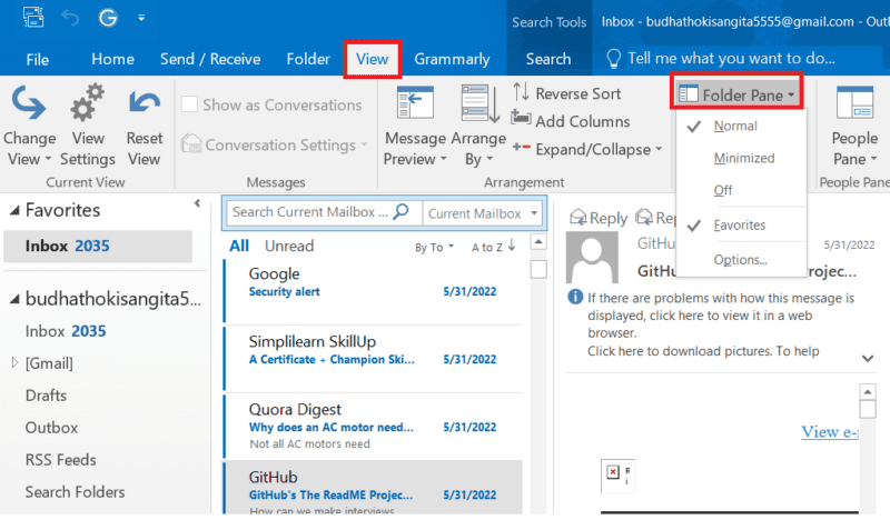 how to change outlook view